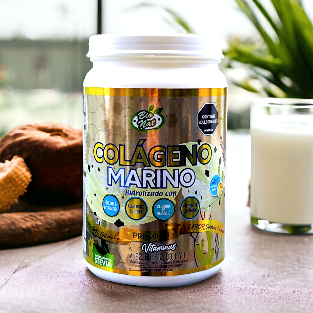 Frasco de COLÁGENO MARINO + Vitaminas + Cloruro de Magnesio, Cúrcuma y Resveratrol