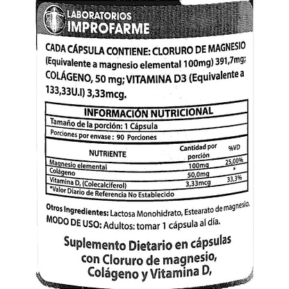 Frasco de CLORURO DE MAGNESIO en cápsulas + Colágeno + Vitamina D3