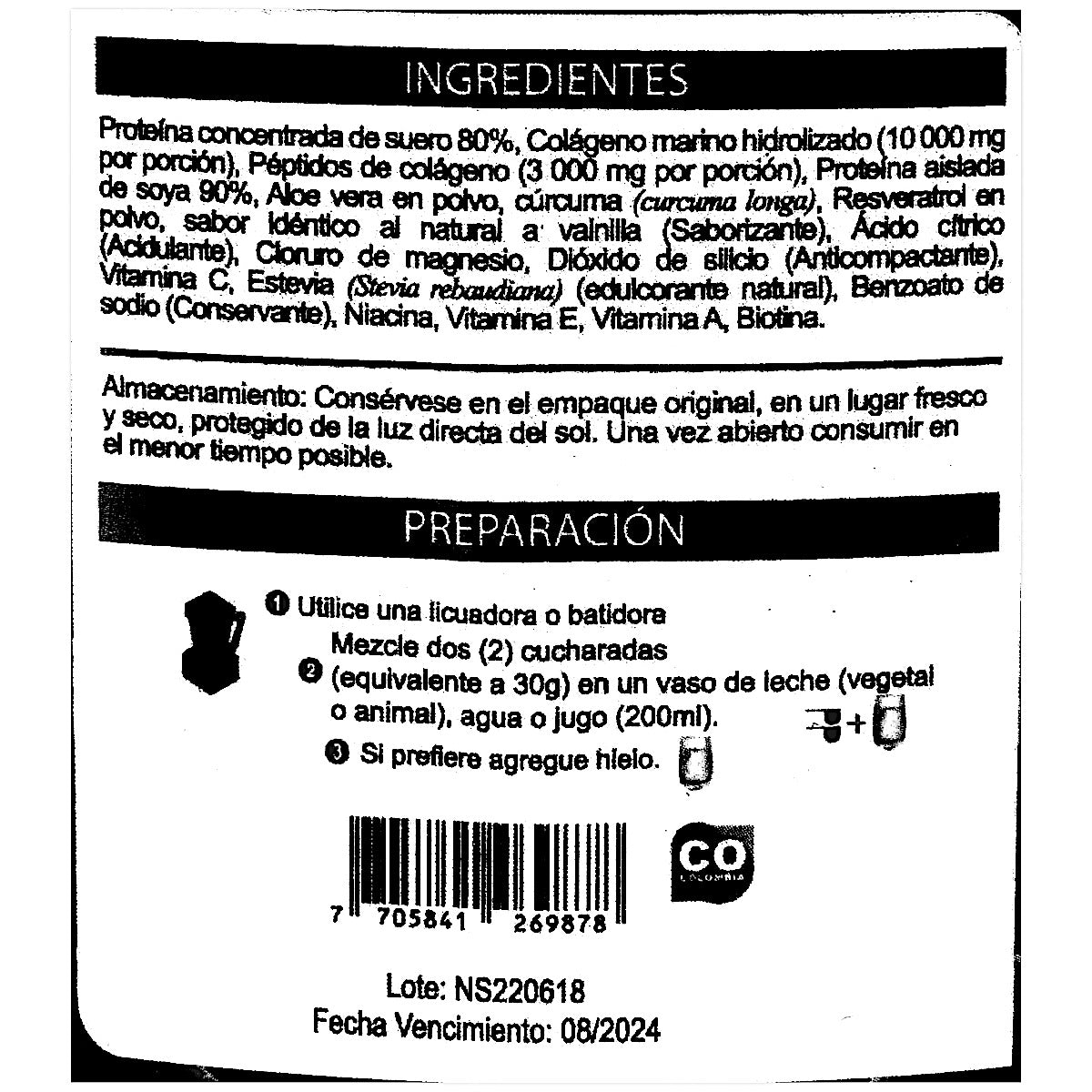 Frasco de COLÁGENO MARINO hidrolizado + Biotina + Cloruro de Magnesio + Resveratrol