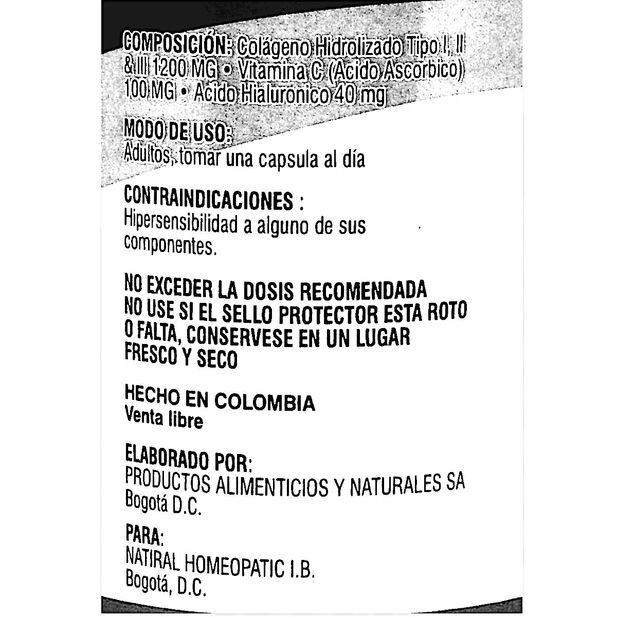 Frasco de cápsulas de COLÁGENO Hidrolizado + Vitamina C + Ácido Hialurónico