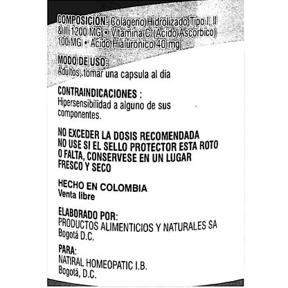 Frasco de cápsulas de COLÁGENO Hidrolizado + Vitamina C + Ácido Hialurónico