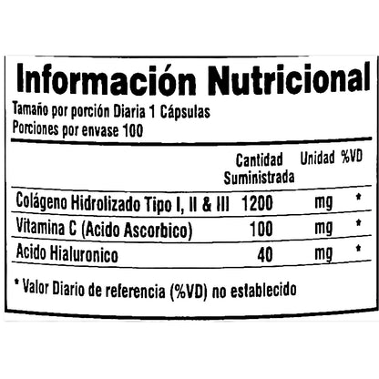 Frasco de cápsulas de COLÁGENO Hidrolizado + Vitamina C + Ácido Hialurónico