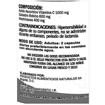 Frasco de cápsulas de VITAMINA C + Hechinacea + Calostro Bovino