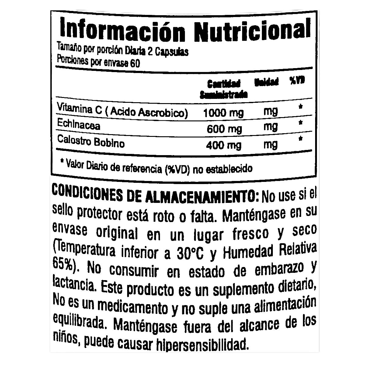 Frasco de cápsulas de VITAMINA C + Hechinacea + Calostro Bovino